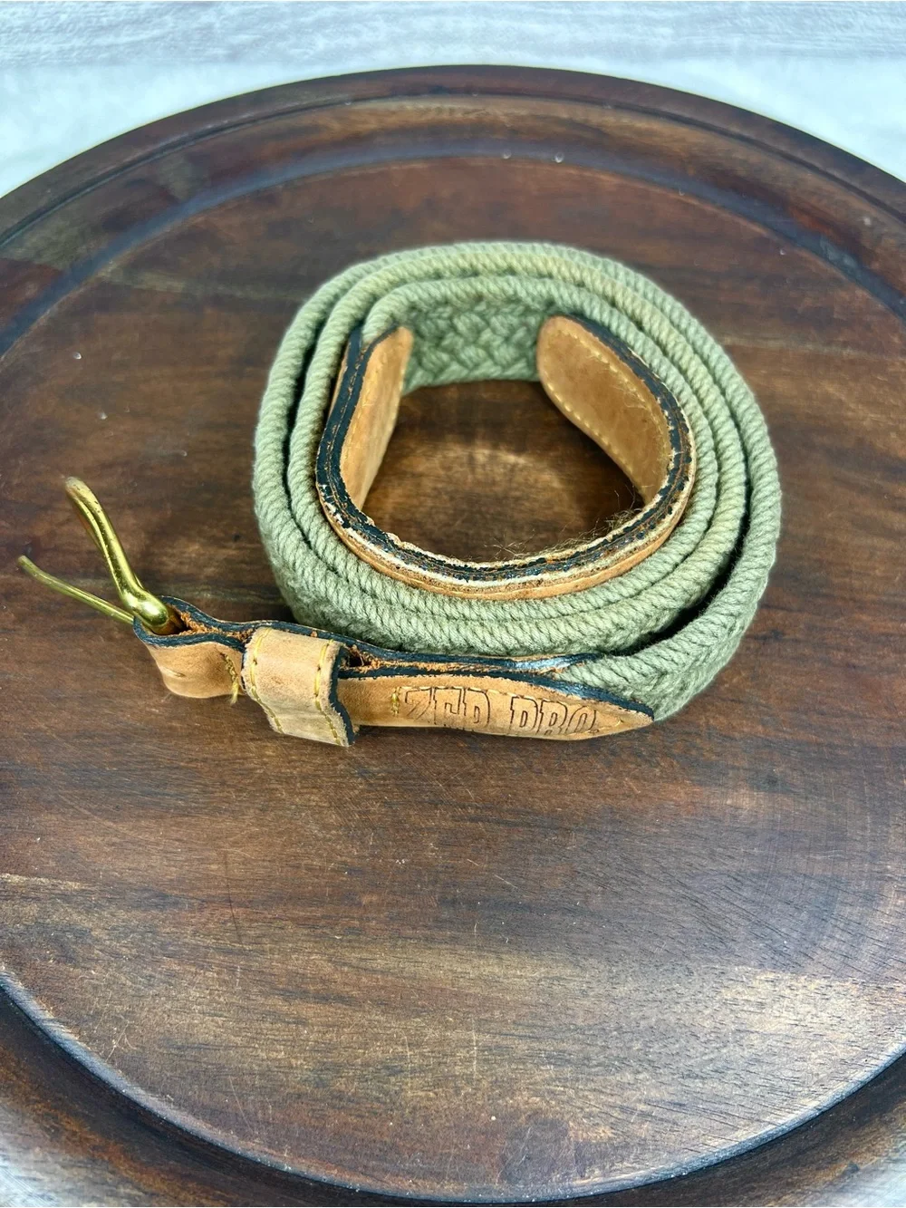 Vintage Zep-Pro Sport Belt 38 Green Woven Rope Leather Ends Brass Buckle USA